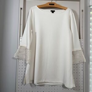 Ann Taylor Lace Bell Cuff Blouse Ivory Stretch Side Slit Tunic Top Large Flowy
